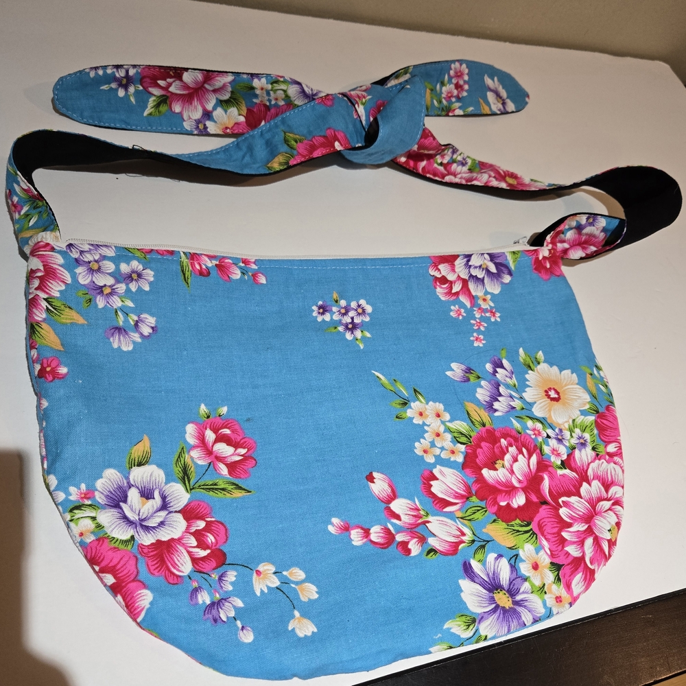 Blue and Pink Floral Shoulder Bag with Adjustable Strap
